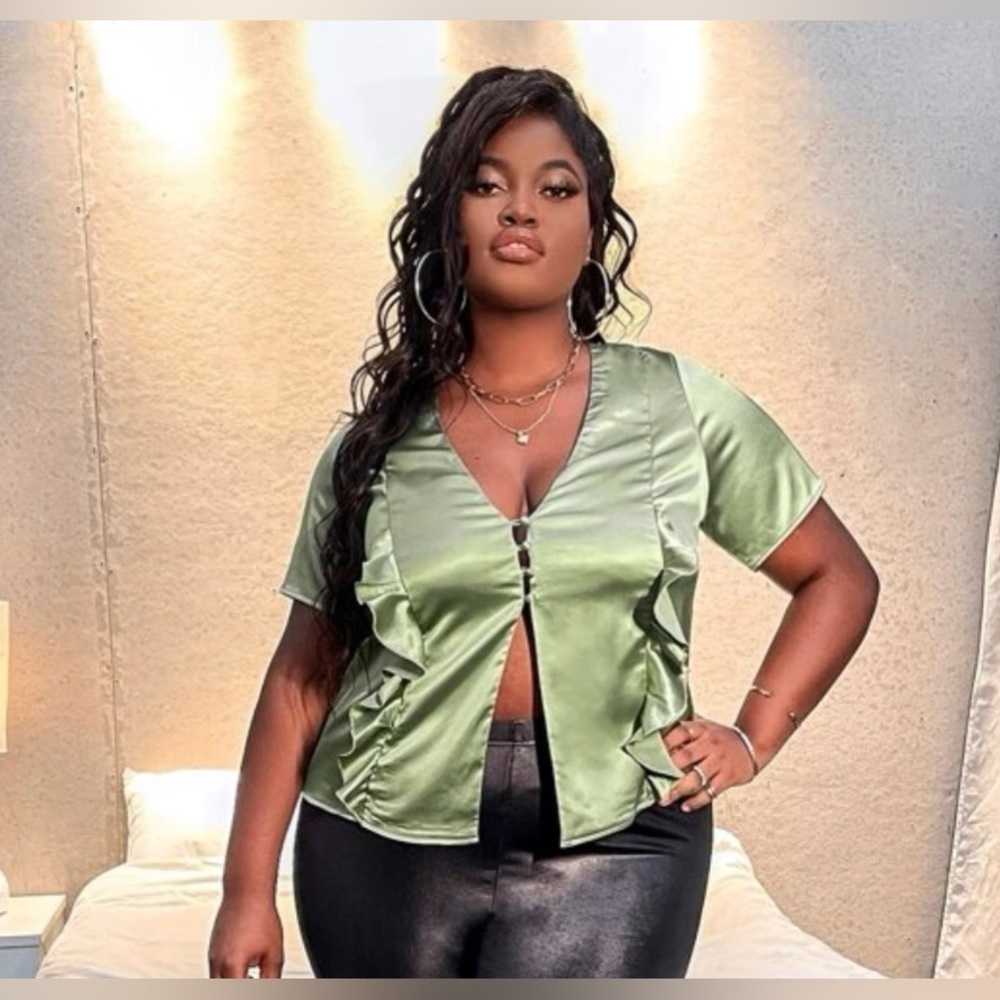 Plus Button Front Ruffle Trim Satin Top - Picture 4 of 4